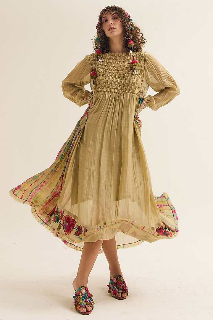 Ecru Chanderi Silk Tie-Dyed & Machine Embroidered Flared Vacation Dress  by Capisvirleo at Pernia's Pop Up Shop