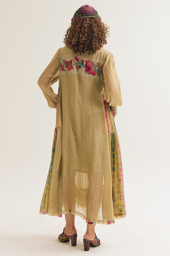 Ecru Chanderi Silk Tie-Dyed & Machine Embroidered Flared Vacation Dress by Capisvirleo at Pernia's Pop Up Shop