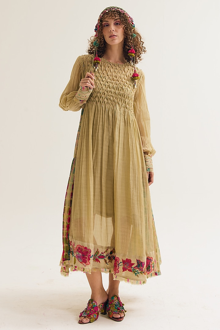 Ecru Chanderi Silk Tie-Dyed & Machine Embroidered Flared Vacation Dress by Capisvirleo at Pernia's Pop Up Shop