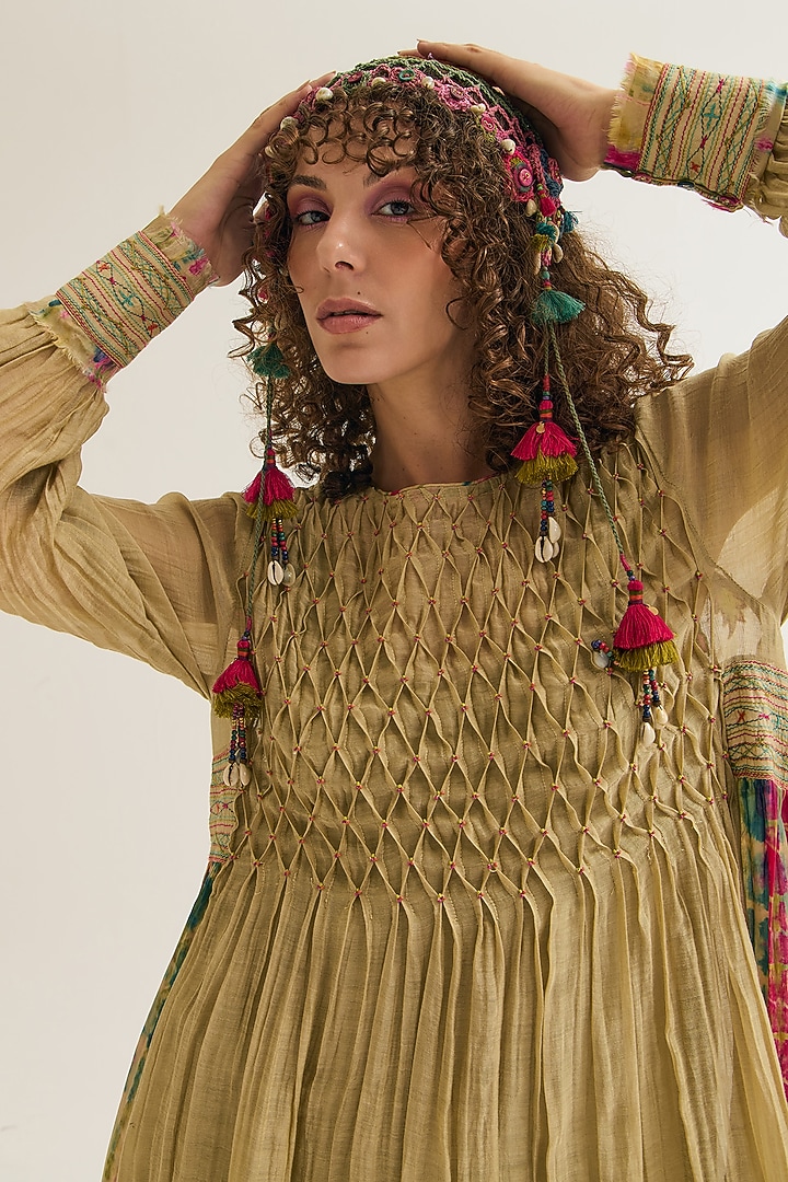 Ecru Chanderi Silk Tie-Dyed & Machine Embroidered Flared Vacation Dress by Capisvirleo at Pernia's Pop Up Shop