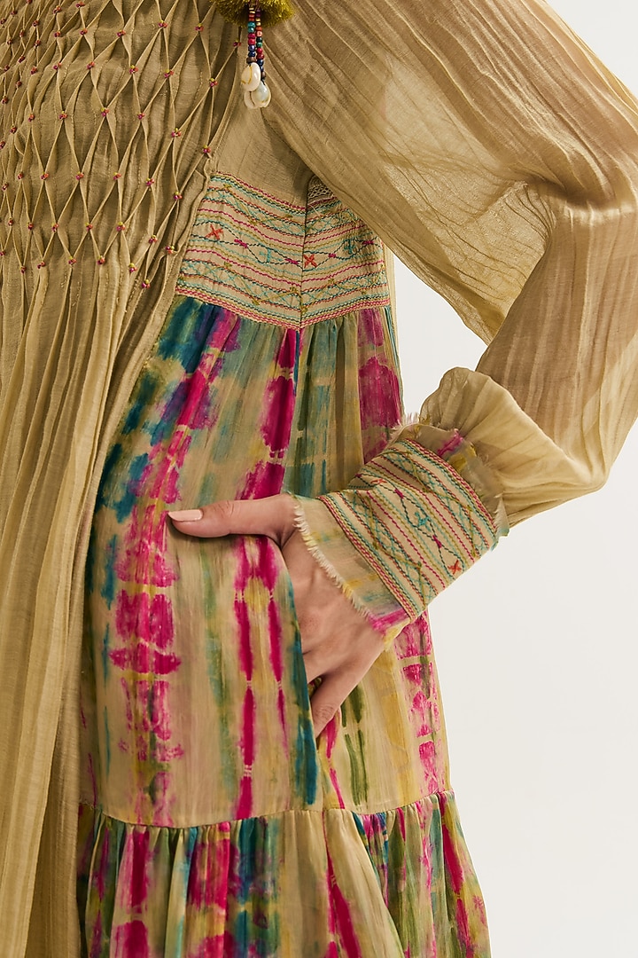 Ecru Chanderi Silk Tie-Dyed & Machine Embroidered Flared Vacation Dress by Capisvirleo at Pernia's Pop Up Shop