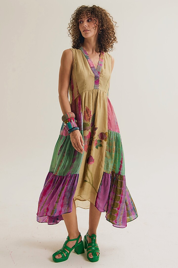 Ecru Chanderi Silk Tie-Dyed & Machine Embroidered Flared Vacation Dress  by Capisvirleo at Pernia's Pop Up Shop