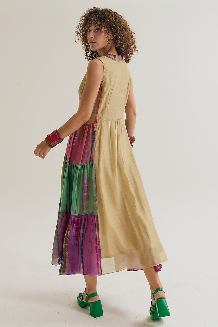 Ecru Chanderi Silk Tie-Dyed & Machine Embroidered Flared Vacation Dress by Capisvirleo at Pernia's Pop Up Shop