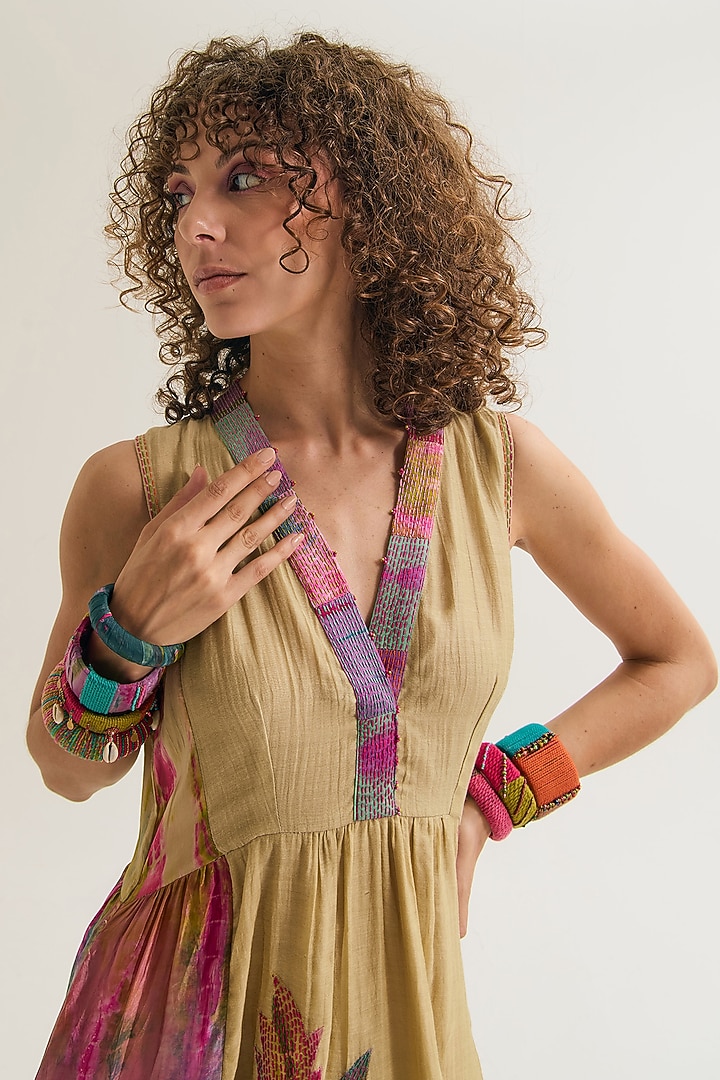 Ecru Chanderi Silk Tie-Dyed & Machine Embroidered Flared Vacation Dress by Capisvirleo at Pernia's Pop Up Shop