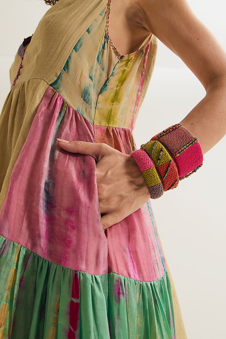 Ecru Chanderi Silk Tie-Dyed & Machine Embroidered Flared Vacation Dress by Capisvirleo at Pernia's Pop Up Shop