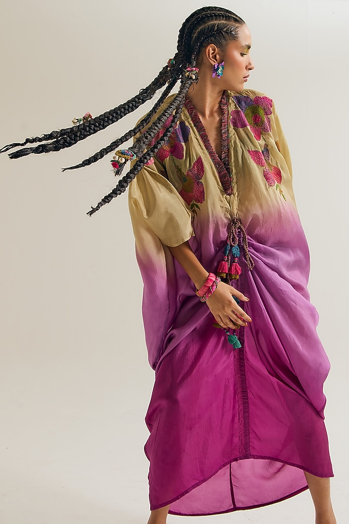 Ecru & Lavender Habutai Silk Embroidered Ombre Kaftan by Capisvirleo at Pernia's Pop Up Shop