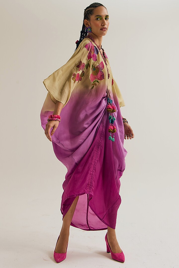 Ecru & Lavender Habutai Silk Embroidered Ombre Kaftan by Capisvirleo at Pernia's Pop Up Shop