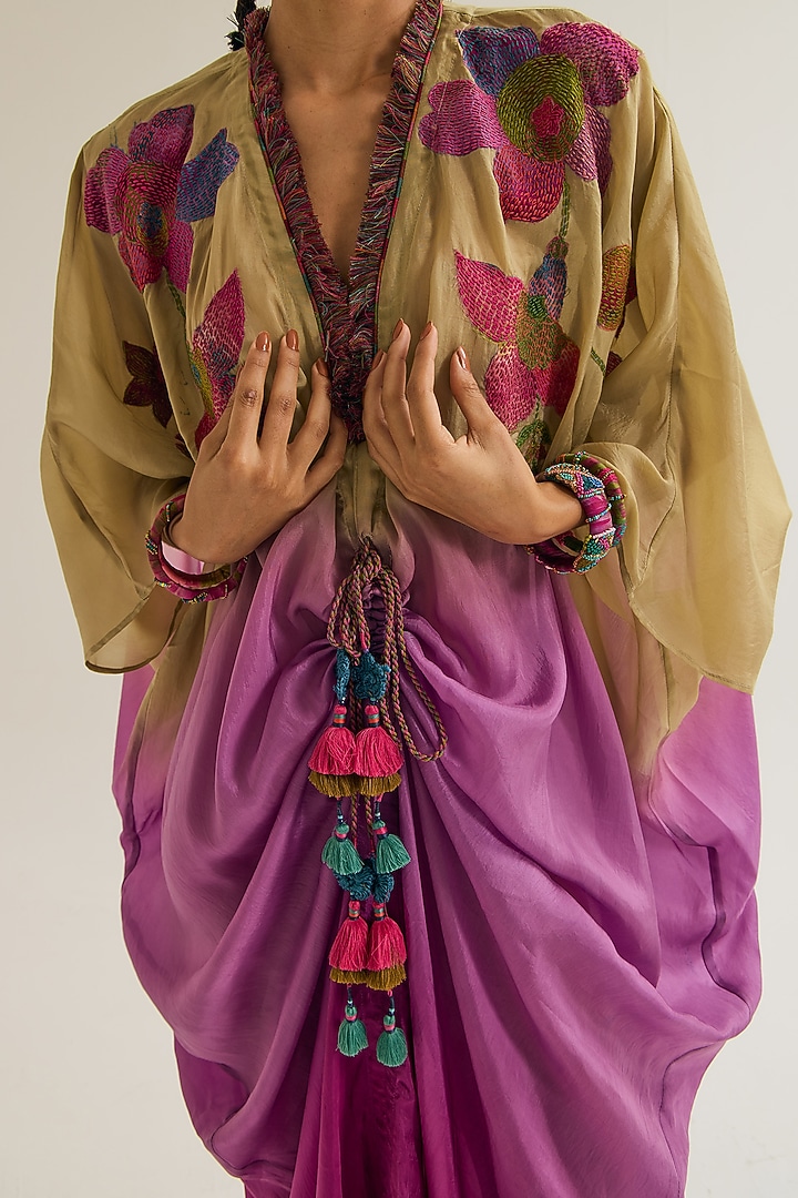 Ecru & Lavender Habutai Silk Embroidered Ombre Kaftan by Capisvirleo at Pernia's Pop Up Shop