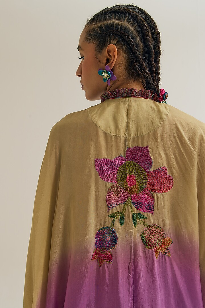 Ecru & Lavender Habutai Silk Embroidered Ombre Kaftan by Capisvirleo at Pernia's Pop Up Shop