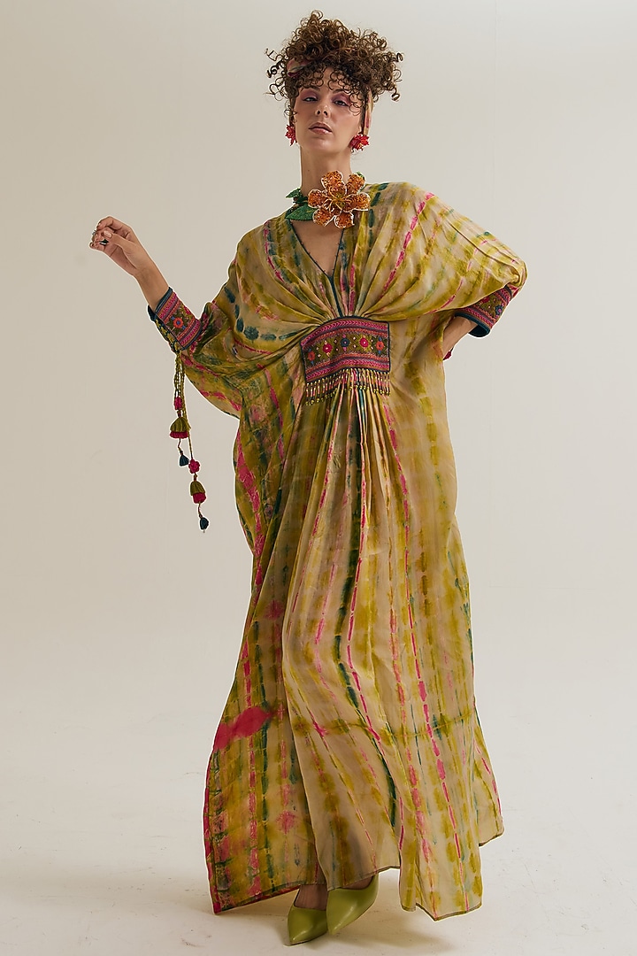 Ecru Habutai Silk Embroidered Tie-Dyed Kaftan by Capisvirleo at Pernia's Pop Up Shop