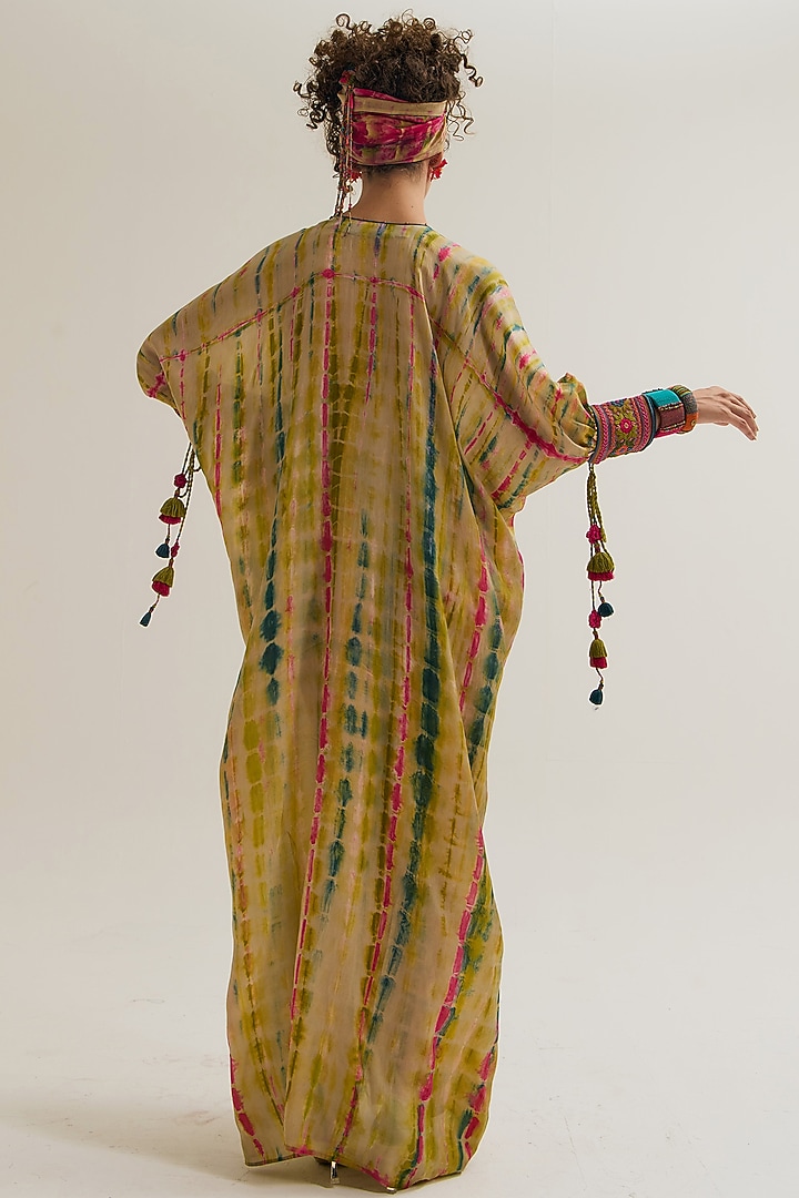 Ecru Habutai Silk Embroidered Tie-Dyed Kaftan by Capisvirleo at Pernia's Pop Up Shop