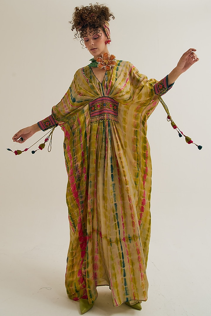 Ecru Habutai Silk Embroidered Tie-Dyed Kaftan by Capisvirleo at Pernia's Pop Up Shop