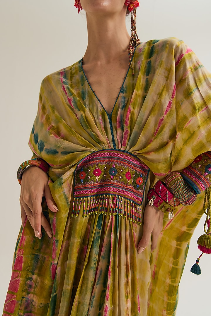 Ecru Habutai Silk Embroidered Tie-Dyed Kaftan by Capisvirleo at Pernia's Pop Up Shop