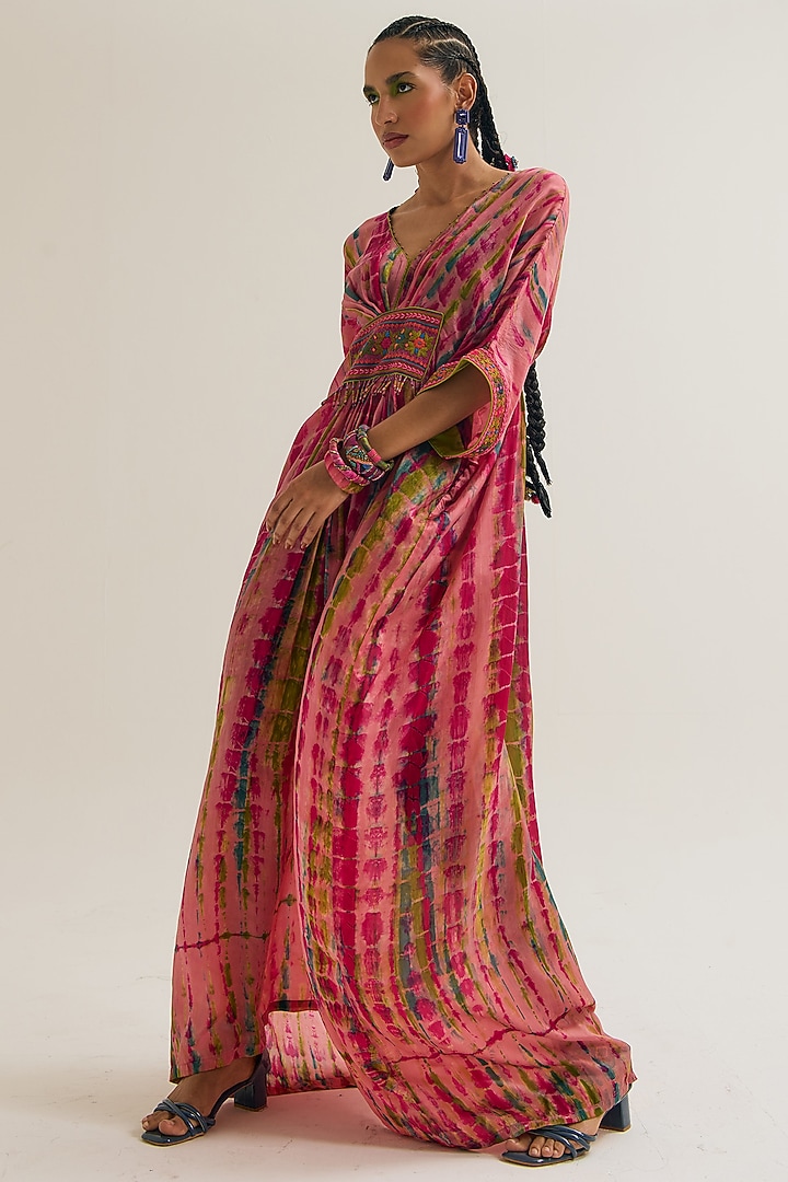 Peach Habutai Silk Embroidered Tie-Dyed Kaftan by Capisvirleo at Pernia's Pop Up Shop