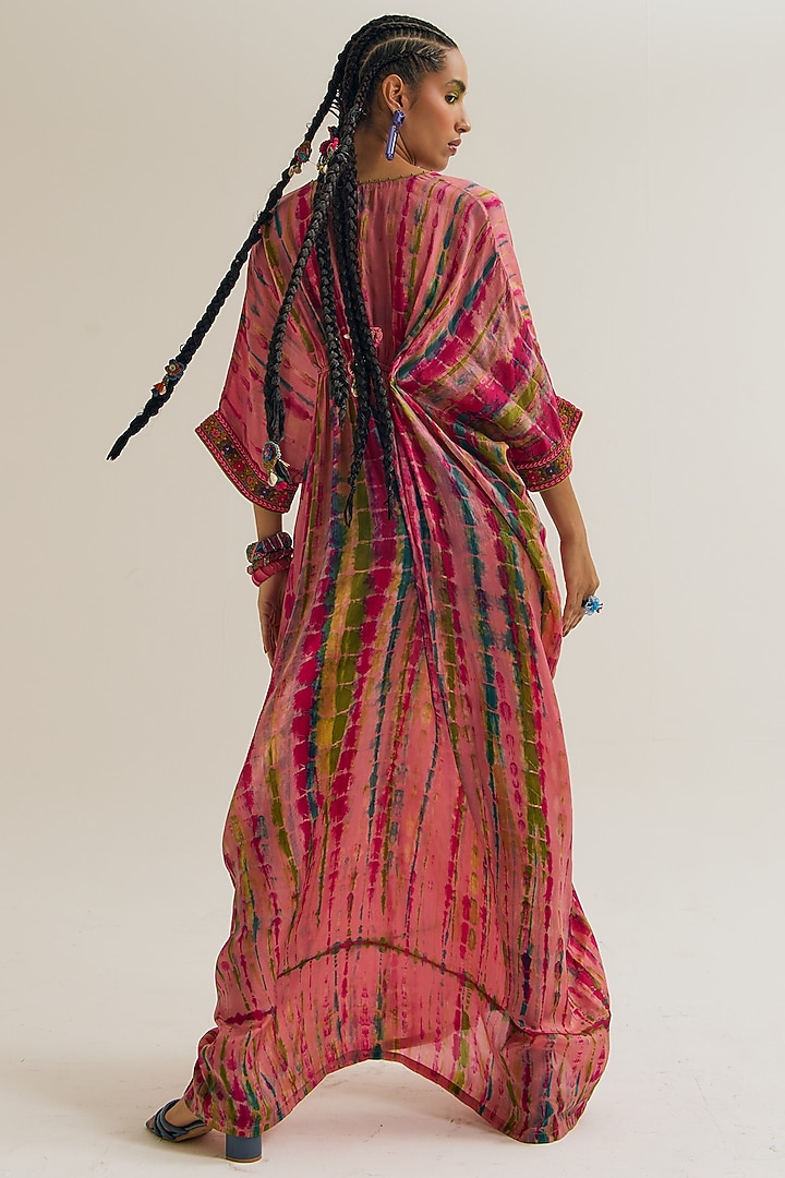 Peach Habutai Silk Embroidered Tie-Dyed Kaftan by Capisvirleo at Pernia's Pop Up Shop