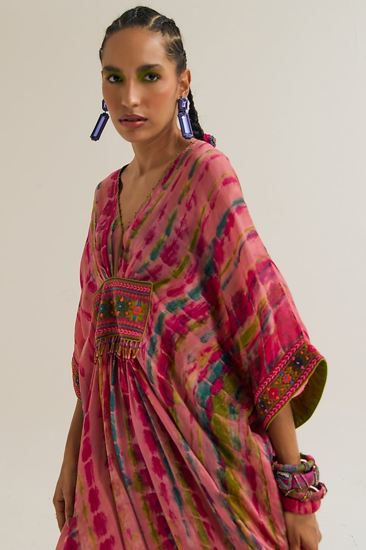 Peach Habutai Silk Embroidered Tie-Dyed Kaftan by Capisvirleo at Pernia's Pop Up Shop