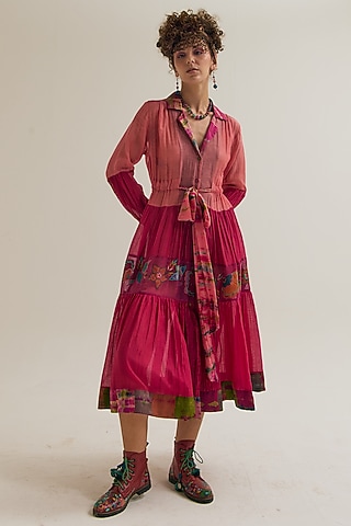 Fuchsia & Peach Cotton Silk Embroidered Dress by Capisvirleo