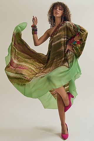 Olive & Sage Habutai Silk Hand Embroidered Off-Shoulder Dress by Capisvirleo