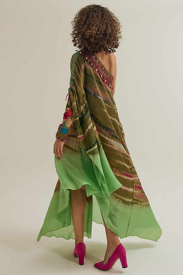 Olive & Sage Habutai Silk Hand Embroidered Off-Shoulder Cocktail Dress by Capisvirleo at Pernia's Pop Up Shop