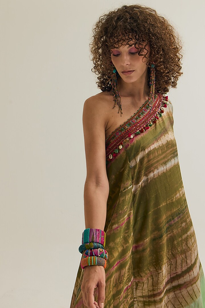 Olive & Sage Habutai Silk Hand Embroidered Off-Shoulder Cocktail Dress by Capisvirleo at Pernia's Pop Up Shop