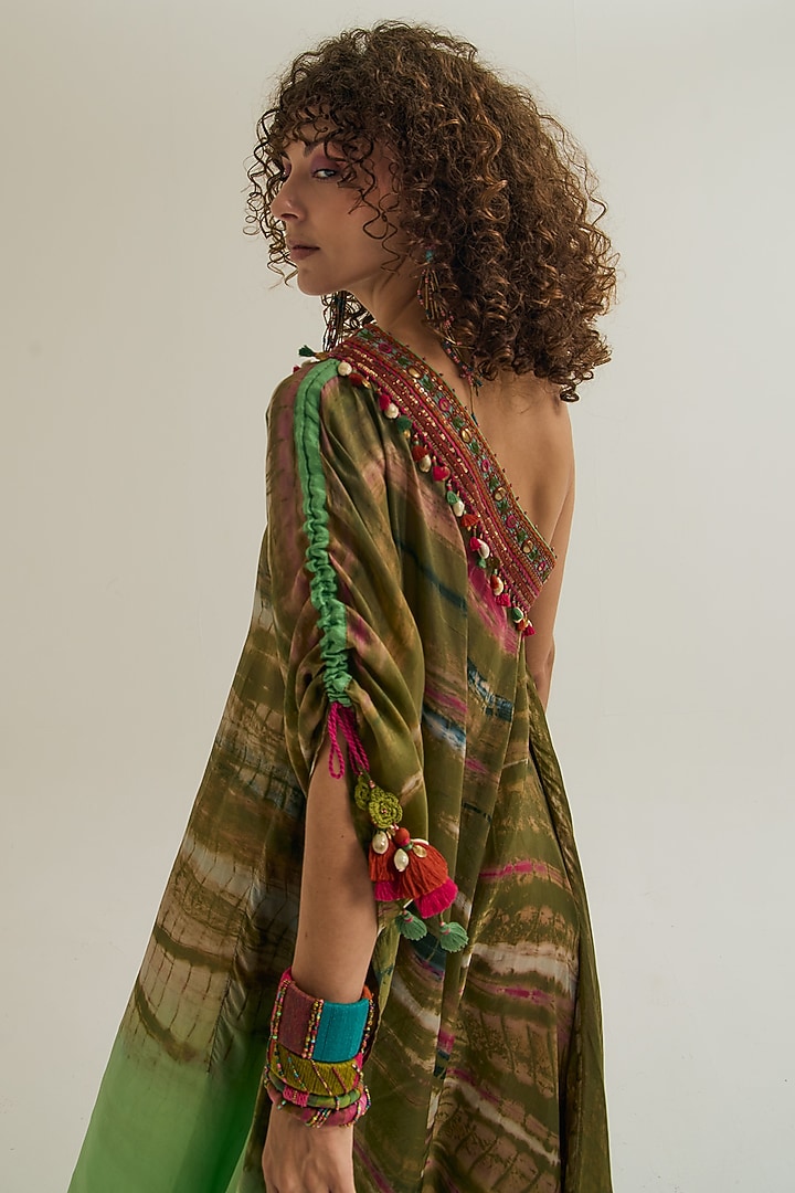 Olive & Sage Habutai Silk Hand Embroidered Off-Shoulder Cocktail Dress by Capisvirleo at Pernia's Pop Up Shop
