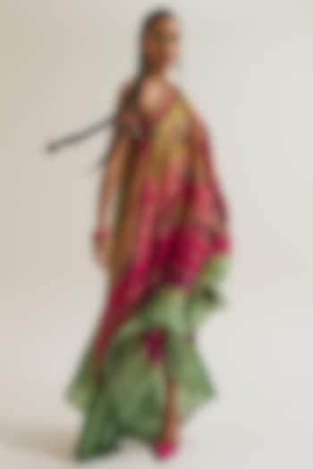 Fuchsia & Sage Habutai Silk Hand Embroidered Off-Shoulder Vacation Dress by Capisvirleo at Pernia's Pop Up Shop