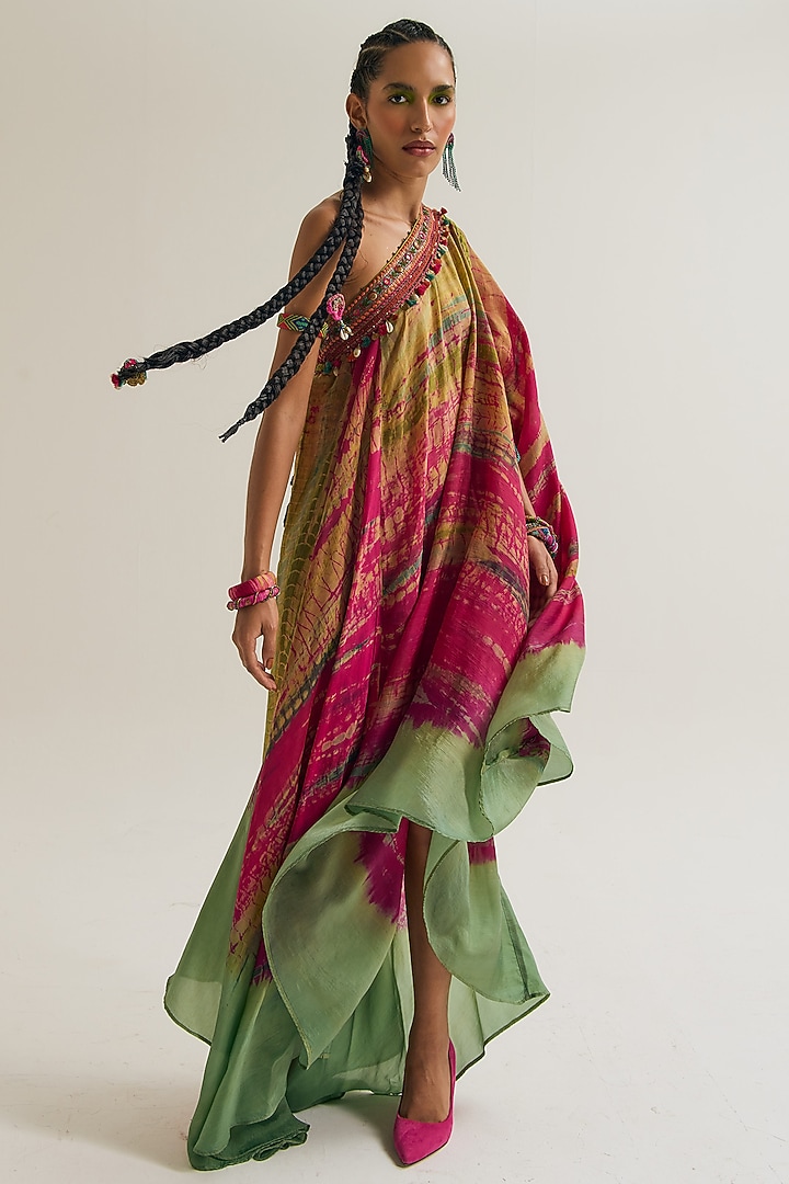 Fuchsia & Sage Habutai Silk Hand Embroidered Off-Shoulder Vacation Dress by Capisvirleo at Pernia's Pop Up Shop