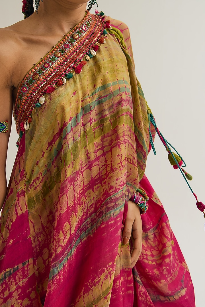 Fuchsia & Sage Habutai Silk Hand Embroidered Off-Shoulder Cocktail Dress by Capisvirleo at Pernia's Pop Up Shop