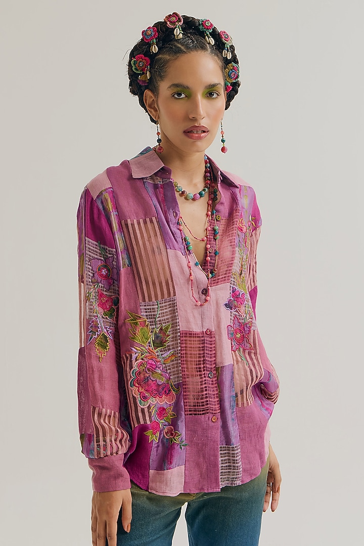 Lavender & Pink Linen Embroidered Shirt by Capisvirleo at Pernia's Pop Up Shop