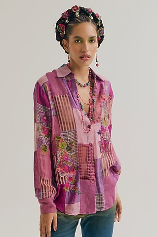 Lavender & Pink Linen Embroidered Shirt by Capisvirleo