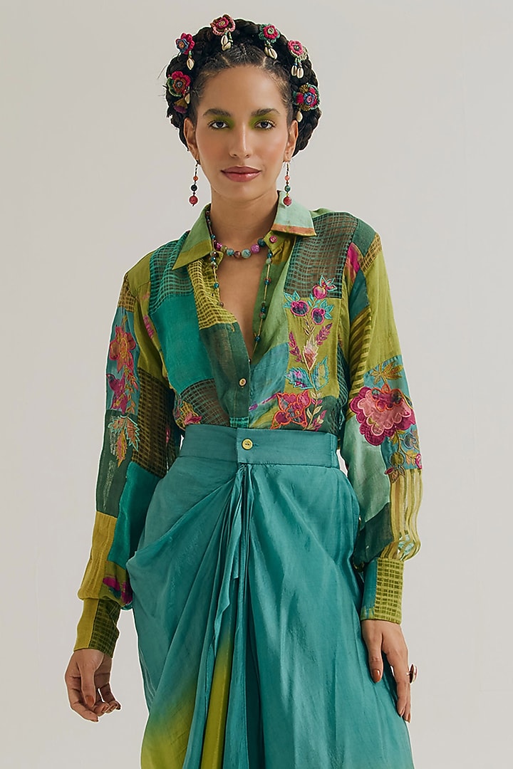 Green Linen & Jute Embroidered Shirt by Capisvirleo at Pernia's Pop Up Shop