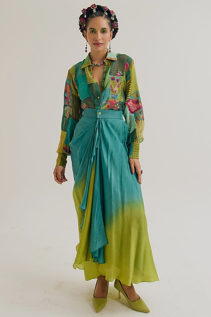 Green Linen & Jute Embroidered Shirt by Capisvirleo at Pernia's Pop Up Shop