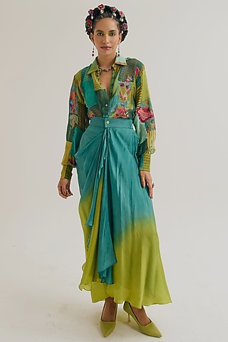 Turquoise & Green Habutai Silk Ombre Skirt by Capisvirleo
