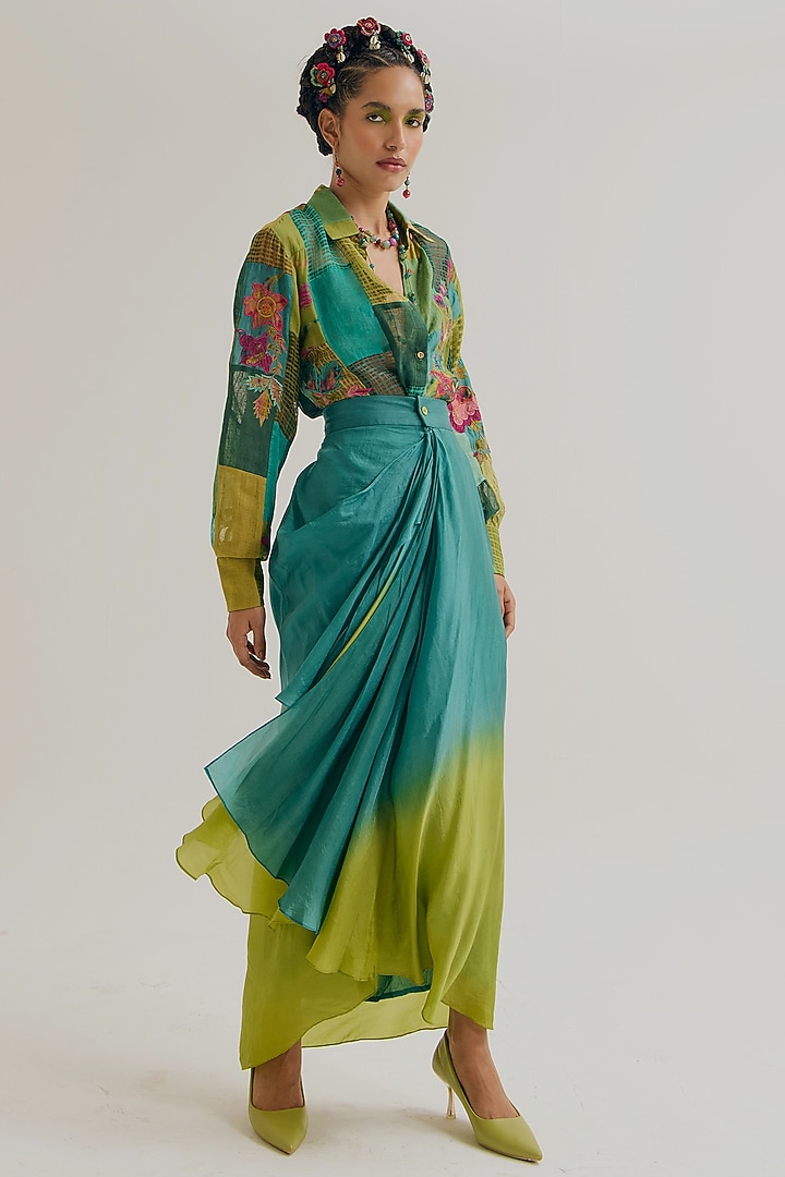 Turquoise & Green Habutai Silk Ombre Skirt by Capisvirleo at Pernia's Pop Up Shop