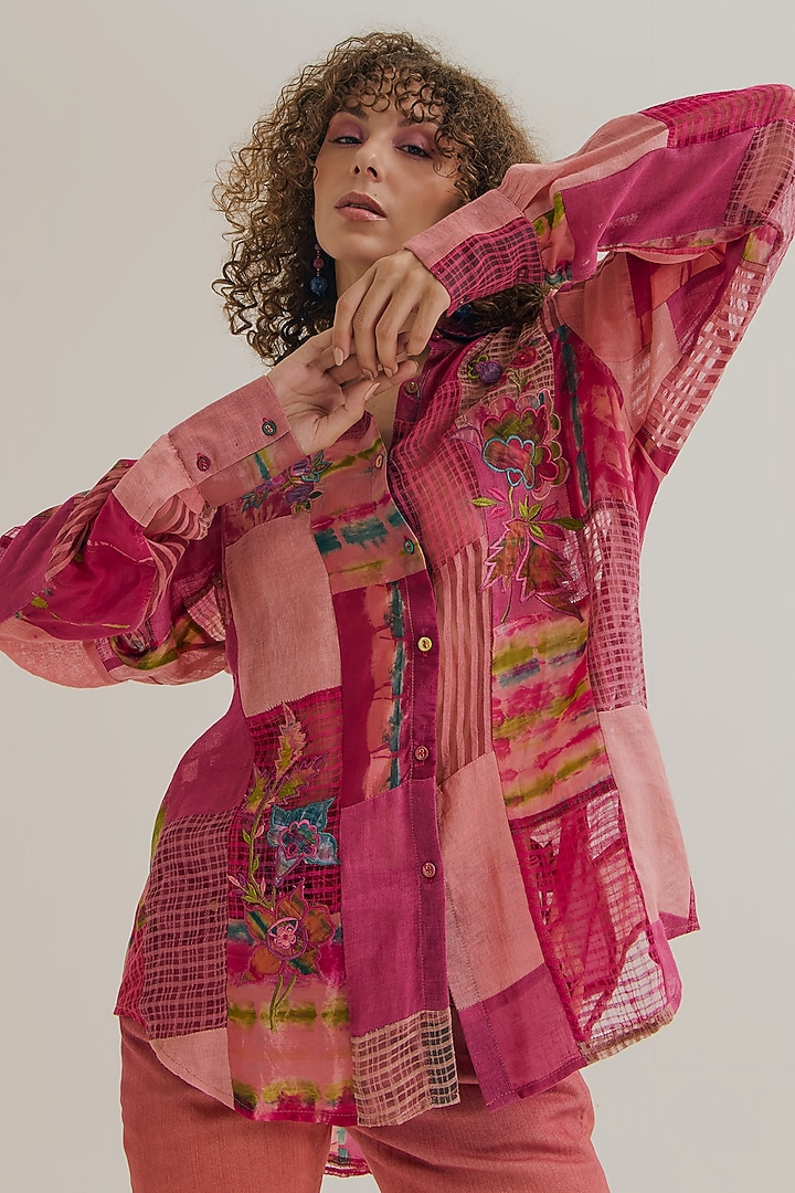 Fuchsia Linen & Jute Embroidered Shirt by Capisvirleo at Pernia's Pop Up Shop
