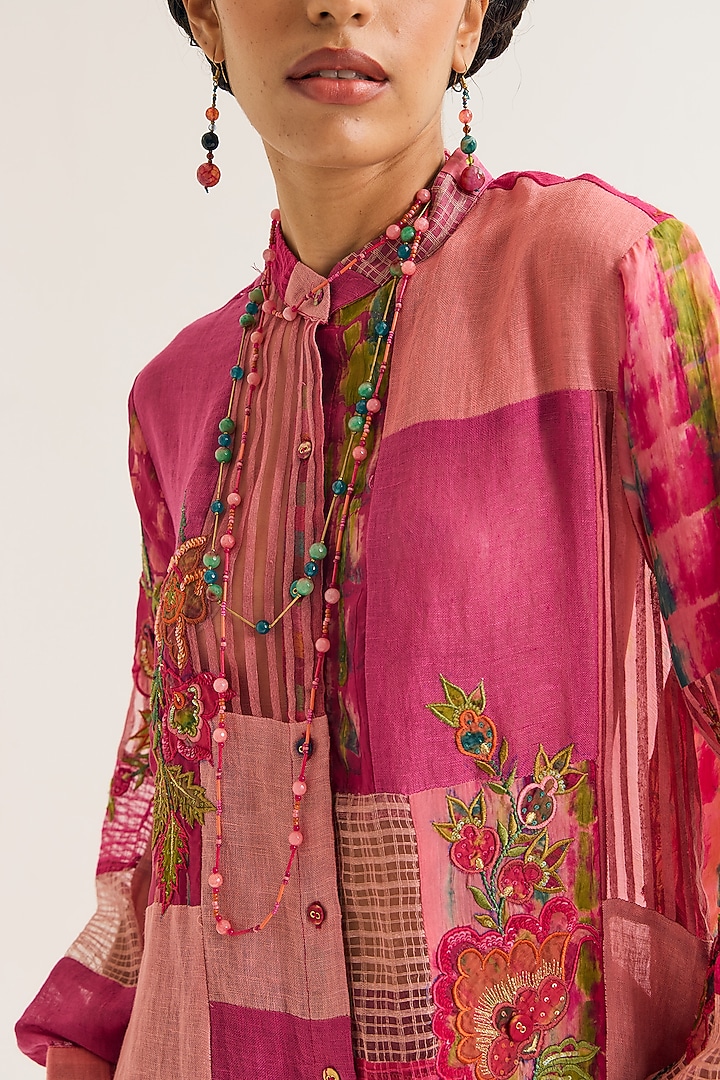 Fuchsia Linen & Jute Embroidered Kurta Set by Capisvirleo at Pernia's Pop Up Shop