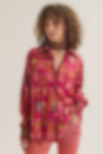 Fuchsia Chanderi Silk Embroidered Shirt by Capisvirleo at Pernia's Pop Up Shop