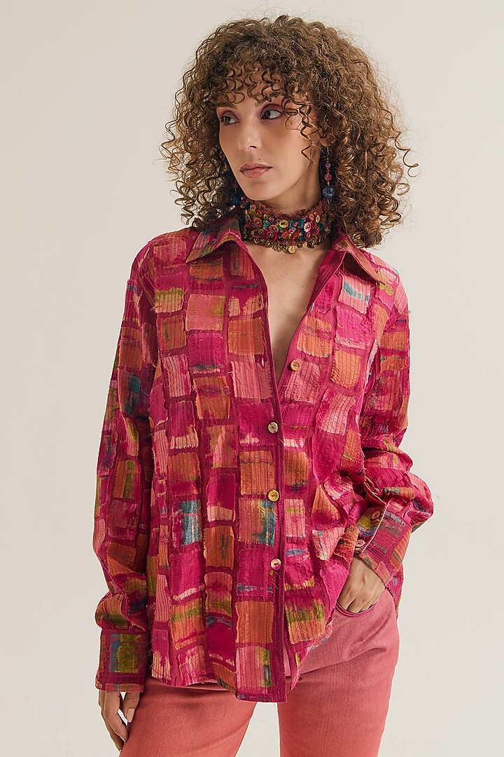 Fuchsia Chanderi Silk Embroidered Shirt by Capisvirleo at Pernia's Pop Up Shop