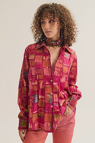 Fuchsia Chanderi Silk Embroidered Shirt by Capisvirleo