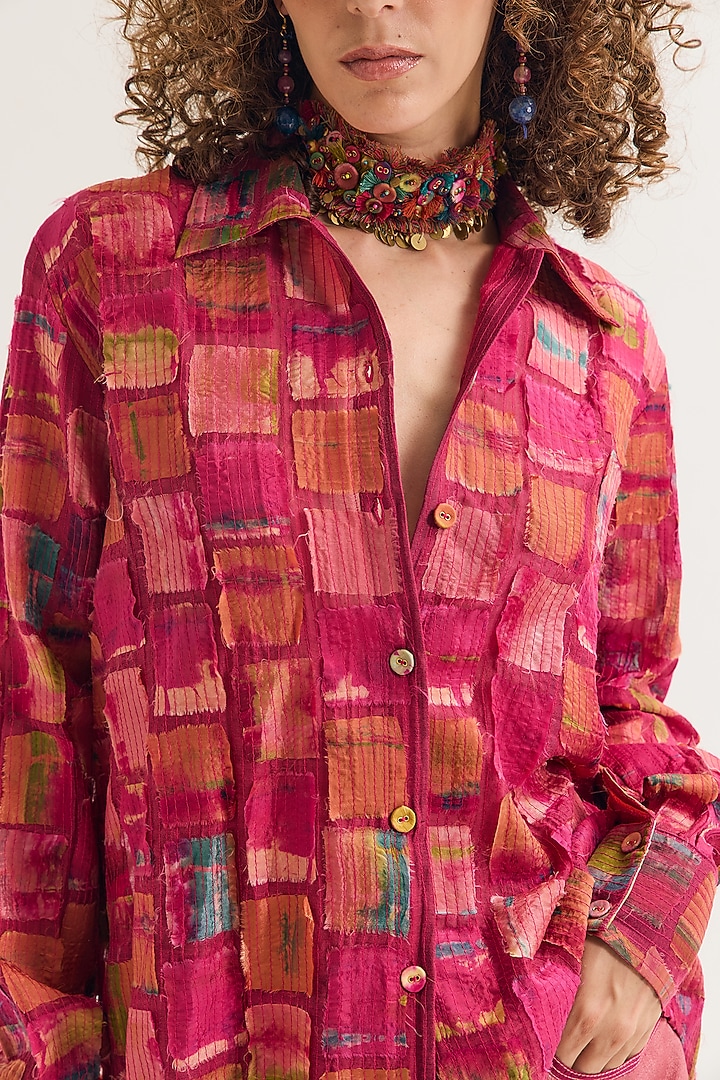 Fuchsia Chanderi Silk Embroidered Shirt by Capisvirleo at Pernia's Pop Up Shop