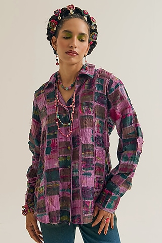 Lavender Chanderi Silk Embroidered Shirt by Capisvirleo