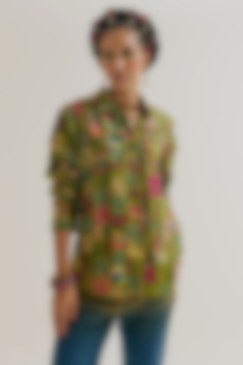 Green Chanderi Silk Embroidered Shirt by Capisvirleo at Pernia's Pop Up Shop