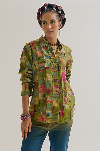 Green Chanderi Silk Embroidered Shirt by Capisvirleo