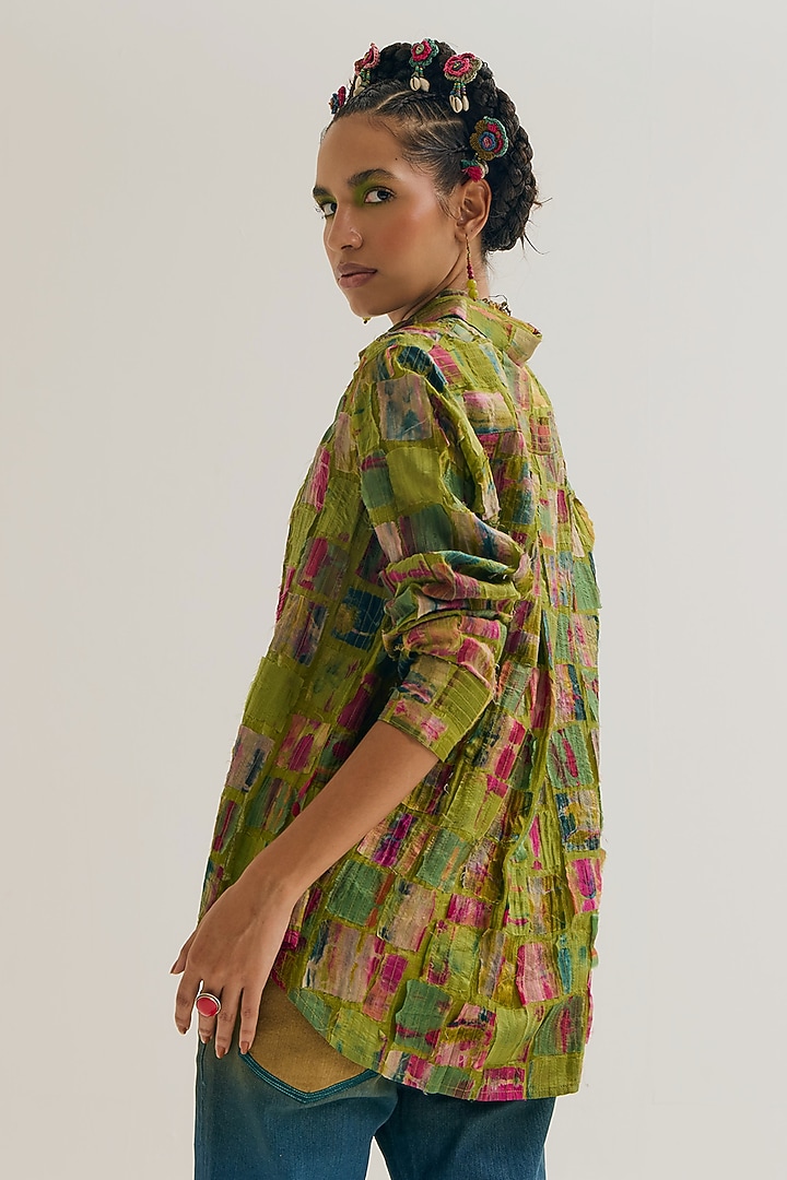 Green Chanderi Silk Embroidered Shirt by Capisvirleo at Pernia's Pop Up Shop