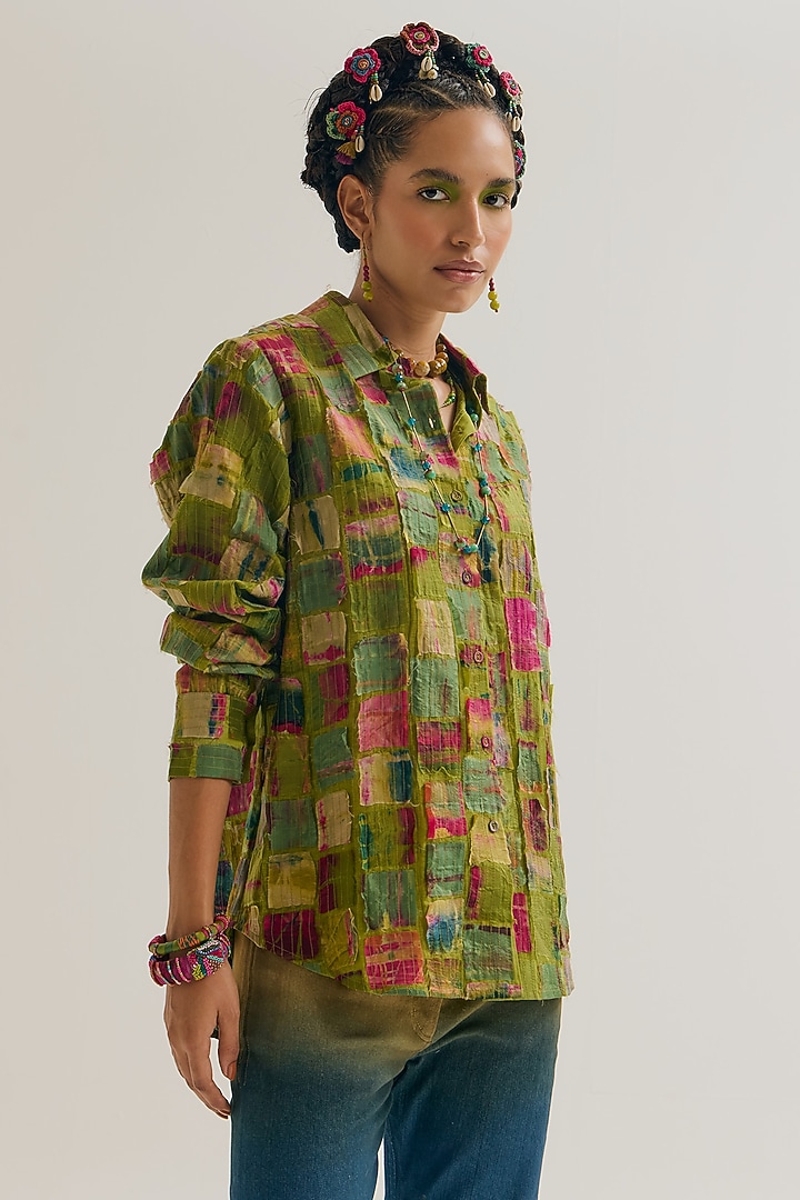 Green Chanderi Silk Embroidered Shirt by Capisvirleo at Pernia's Pop Up Shop