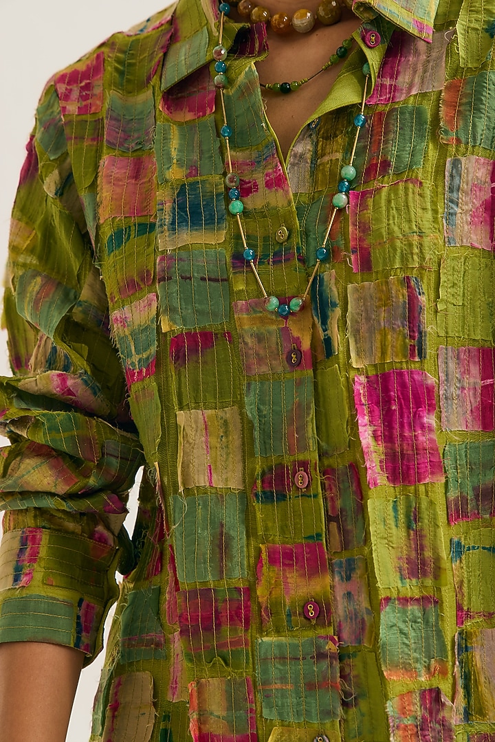 Green Chanderi Silk Embroidered Shirt by Capisvirleo at Pernia's Pop Up Shop