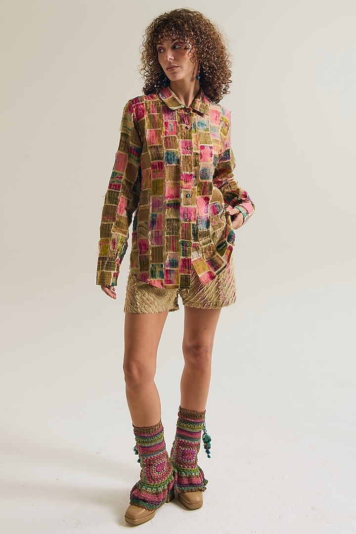 Ecru Chanderi Silk Embroidered Shirt by Capisvirleo at Pernia's Pop Up Shop