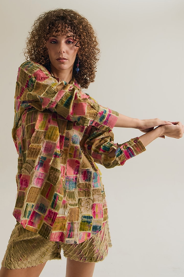 Ecru Chanderi Silk Embroidered Shirt by Capisvirleo at Pernia's Pop Up Shop
