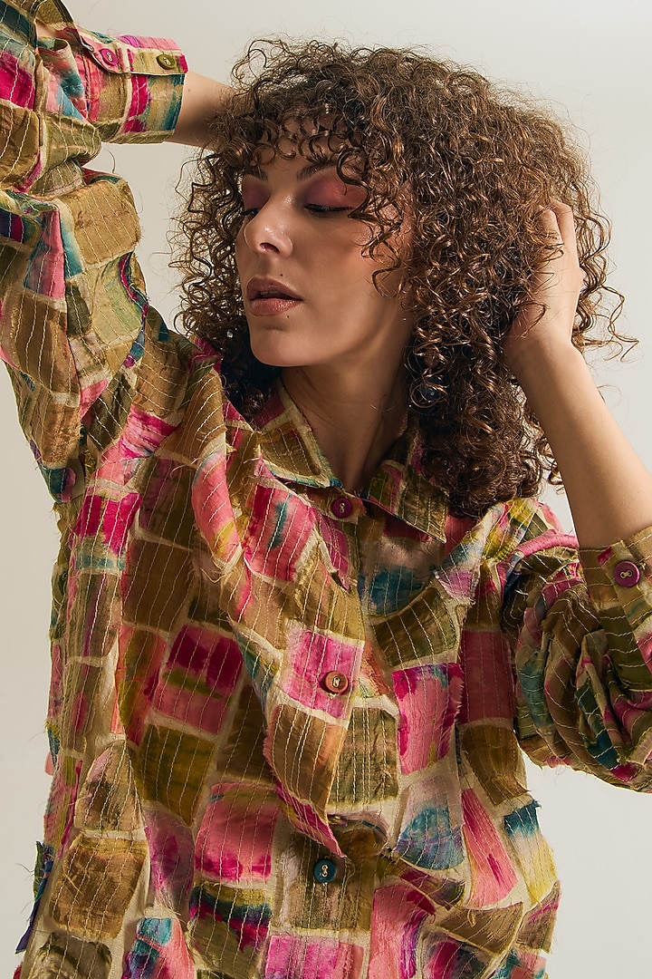 Ecru Chanderi Silk Embroidered Shirt by Capisvirleo at Pernia's Pop Up Shop