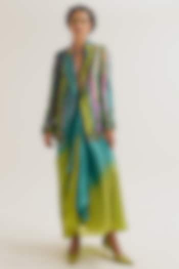 Turquoise & Green Habutai Silk Embroidered Blazer by Capisvirleo at Pernia's Pop Up Shop